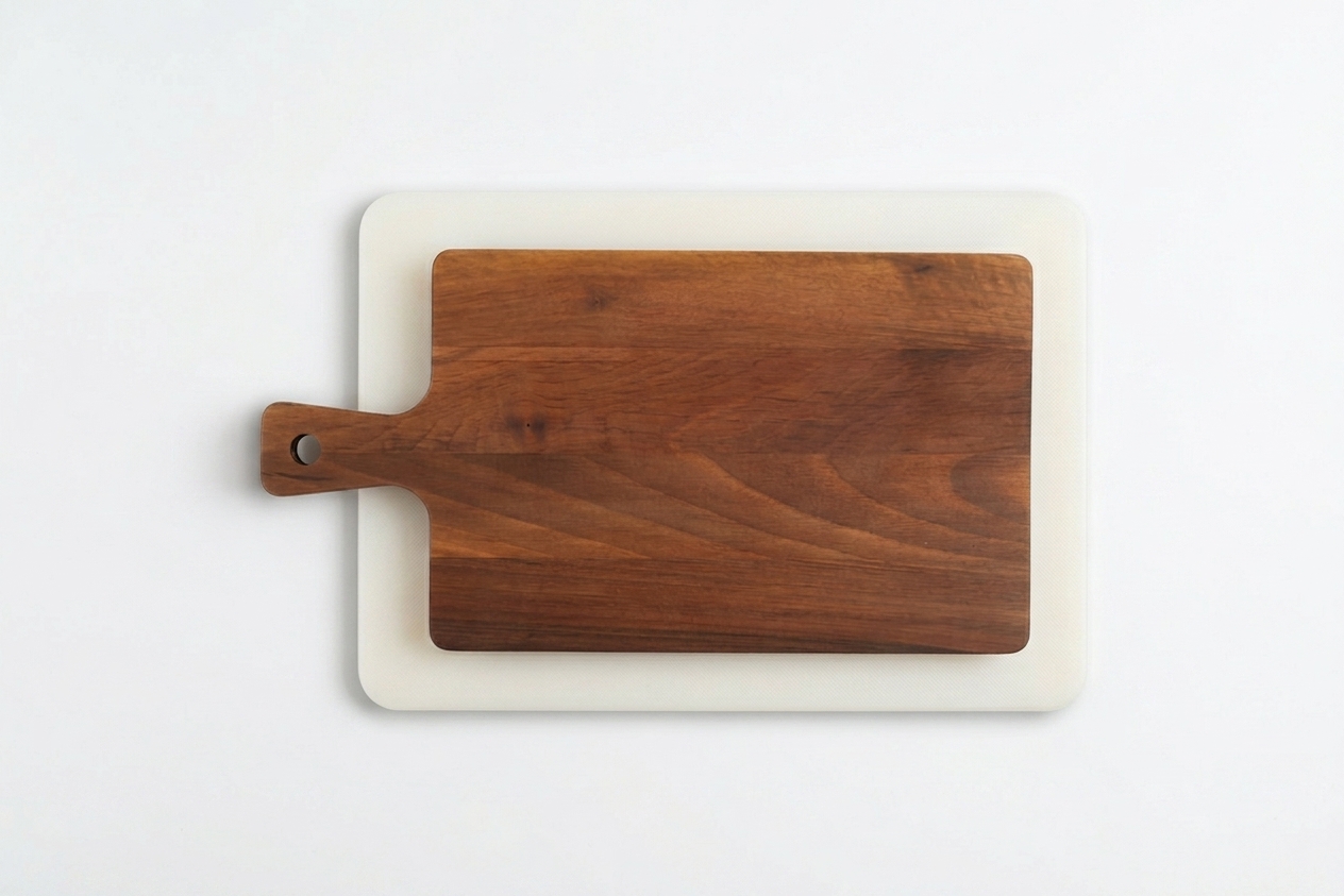 Hardwood beechwood and walnut cutting board next to a plastic board with a chef knife